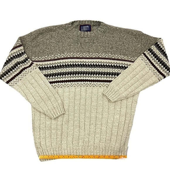 90S Liberty Beige Grey Fair Isle Chunky Knit Grandpa Sweater Mens medium - Picture 5 of 10